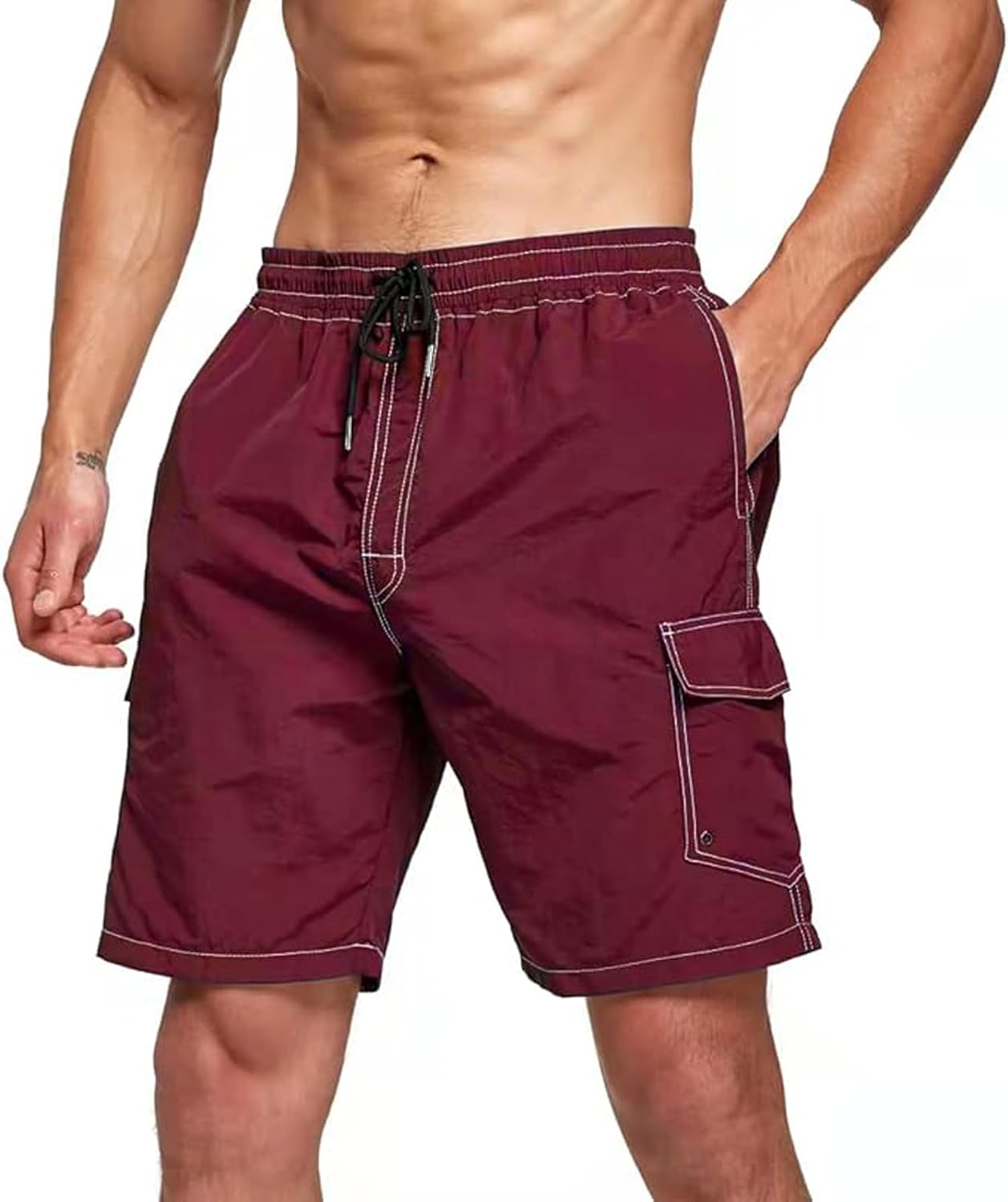 Men's Solid Color Swim Trunks - Quick Dry Board Shorts with Side Pockets for Summer Beach and Pool Days - Small