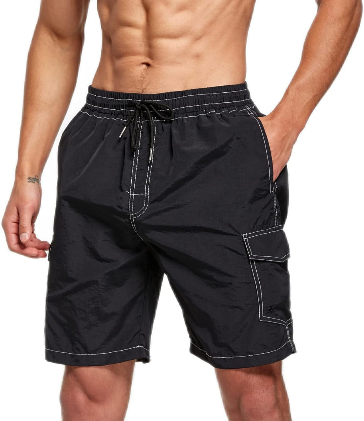 Men's Solid Color Swim Trunks - Quick Dry Board Shorts with Side Pockets for Summer Beach and Pool Days - Small
