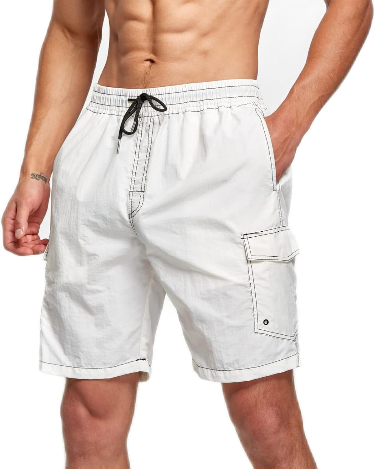 Men's Solid Color Swim Trunks - Quick Dry Board Shorts with Side Pockets for Summer Beach and Pool Days - Small