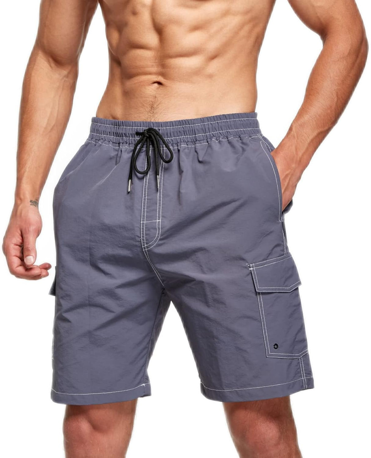 Men's Solid Color Swim Trunks - Quick Dry Board Shorts with Side Pockets for Summer Beach and Pool Days - Small