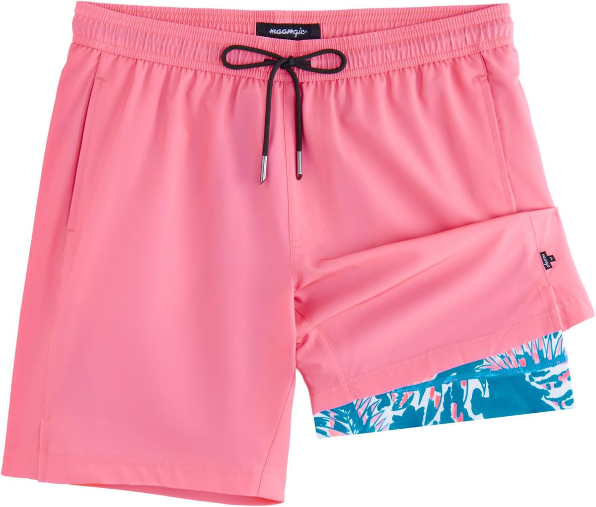 Men's 7 Inch Swim Trunks - Printed Quick Dry Bathing Suit with Compression Liner for Beach and Poolside - Medium