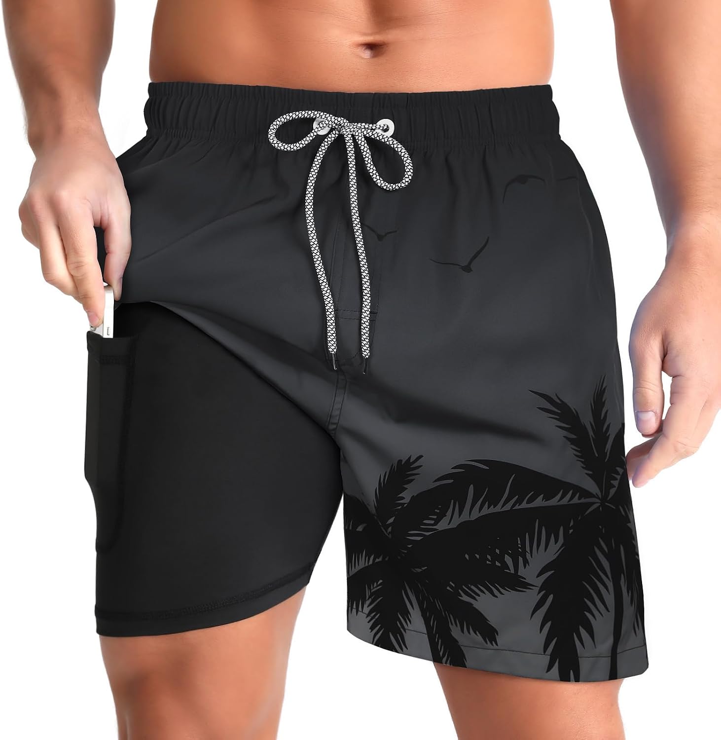 Men's Swim Trunks with Compression Liner - Zip Pockets, Elastic Waist and Quick Dry Fabric for Vacations - Medium