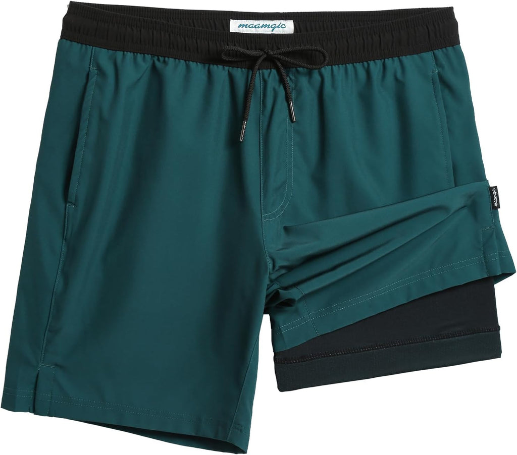 Men's 7 Inch Swim Trunks - Printed Quick Dry Bathing Suit with Compression Liner for Beach and Poolside - Large