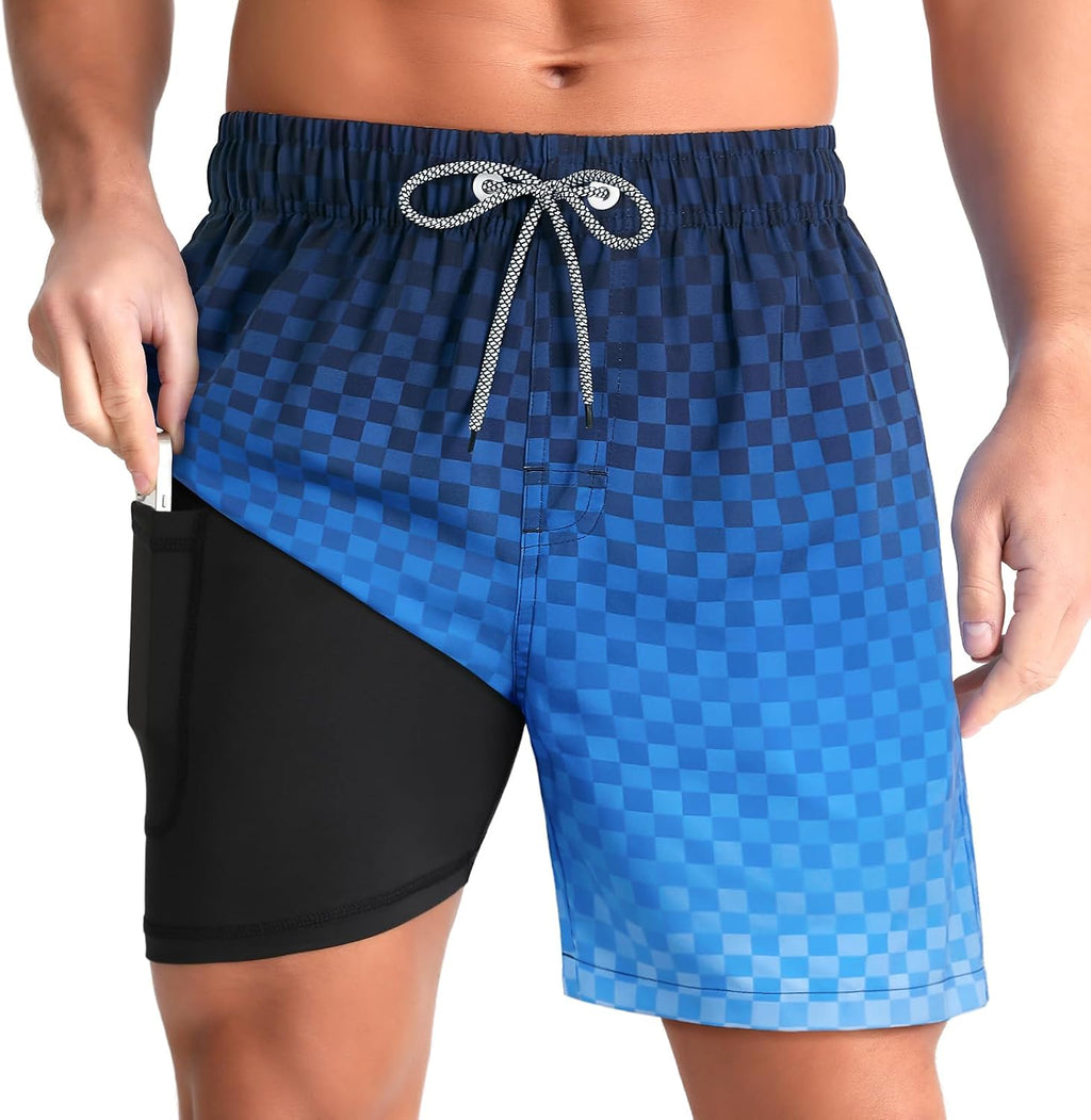 Men's Swim Trunks with Compression Liner - Zip Pockets, Elastic Waist and Quick Dry Fabric for Vacations - Medium