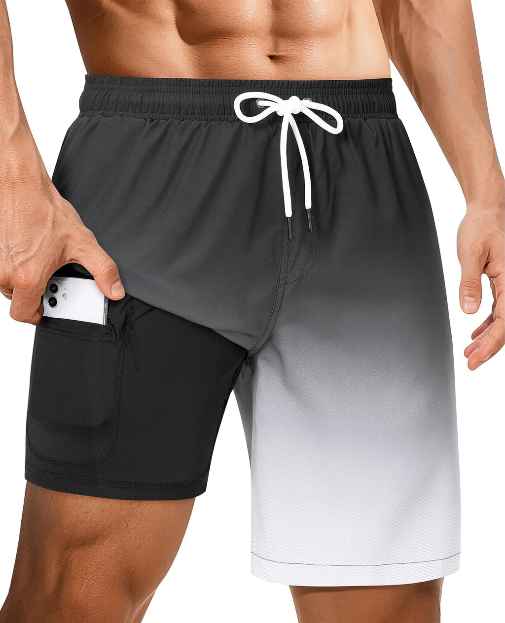 Men's 9 Inch Swim Trunks - UPF 40+ Board Shorts with Compression Liner, Velcro Pocket and Drain Holes - Large