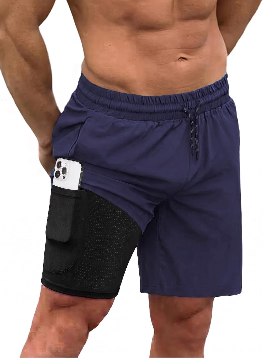 Men's 2 in 1 Swim Trunks - Quick Dry Board Shorts with Compression Liner and Printed Designs for the Beach - Plam Leaf