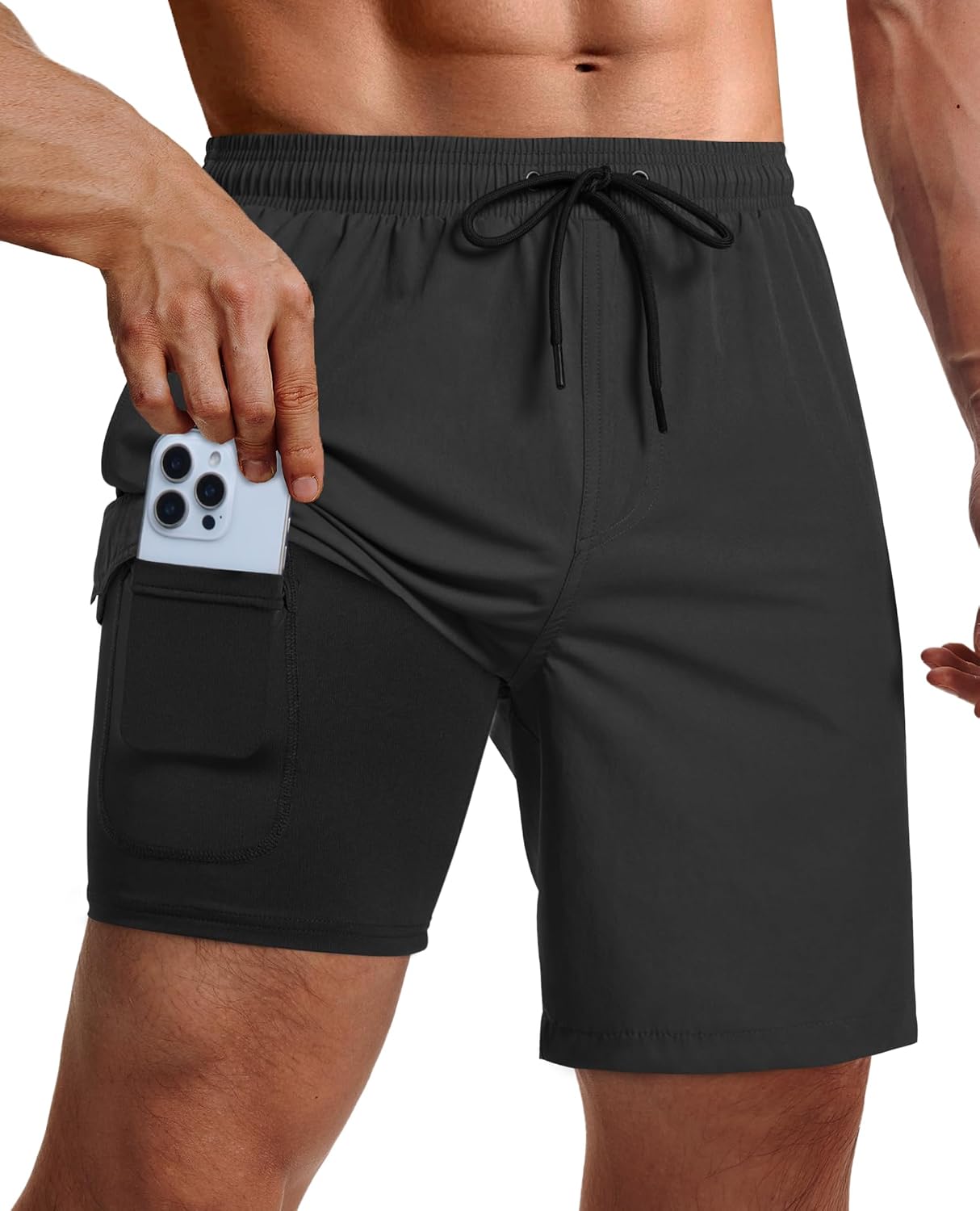 Men's 9 Inch Swim Trunks - UPF 40+ Board Shorts with Compression Liner, Velcro Pocket and Drain Holes - Large
