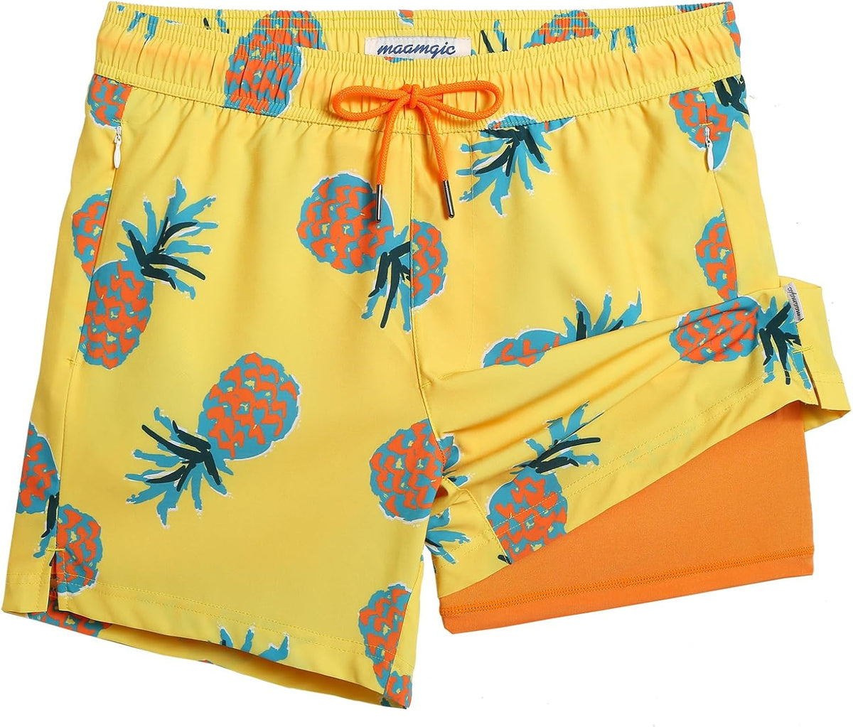 Men's Quick Dry Swim Trunks - 5 Inch Inseam with Built-In Compression Liner for Beach and Pool Days - Banana (34)