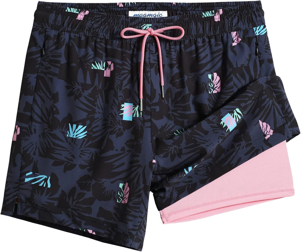 Men's Quick Dry Swim Trunks - 5 Inch Inseam with Built-In Compression Liner for Beach and Pool Days - Blue-pink Flamingo