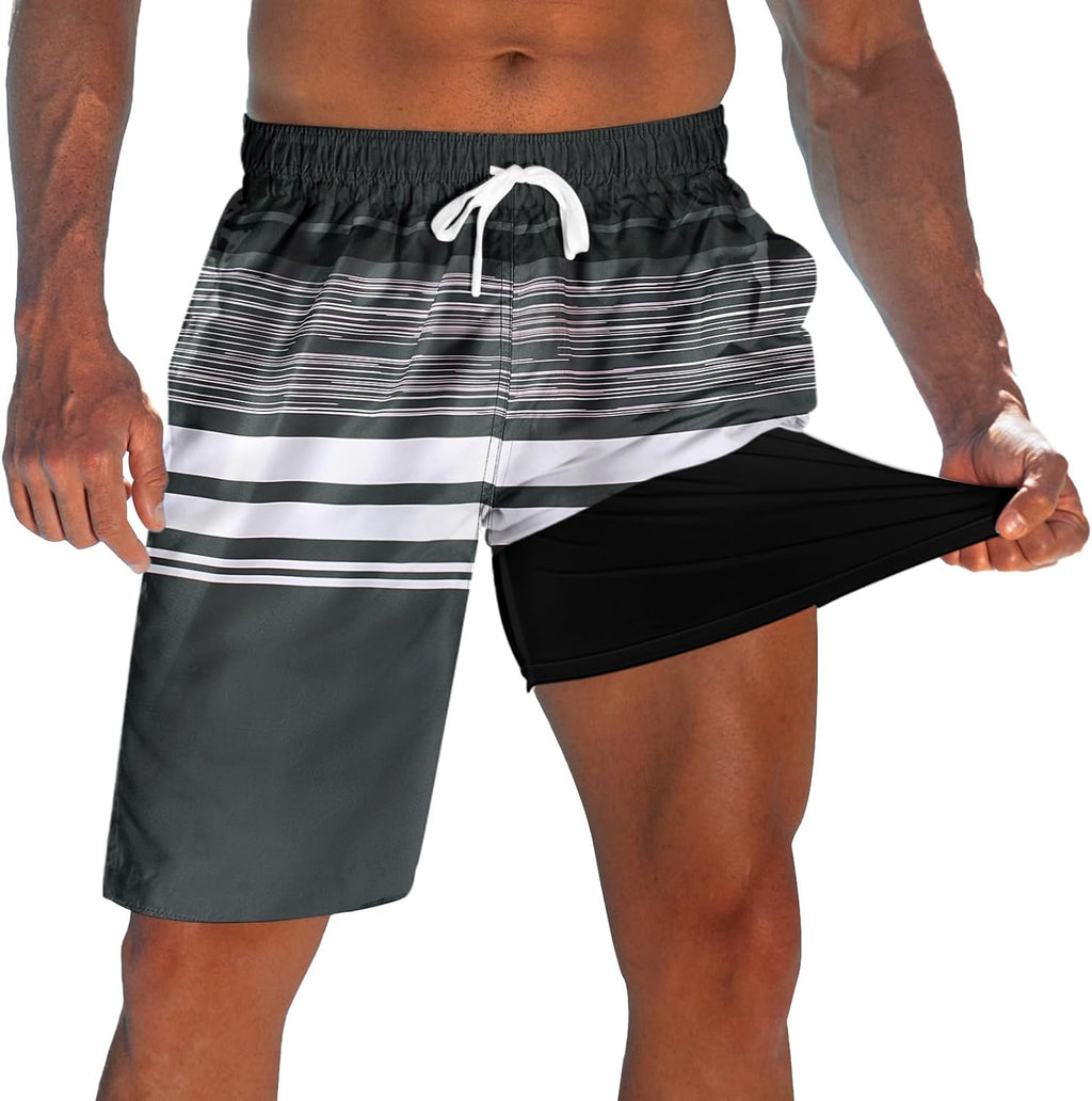 Men's 9 Inch Board Shorts - Quick Dry Swim Trunks with Compression Liner and Two Roomy Side Pockets - Large