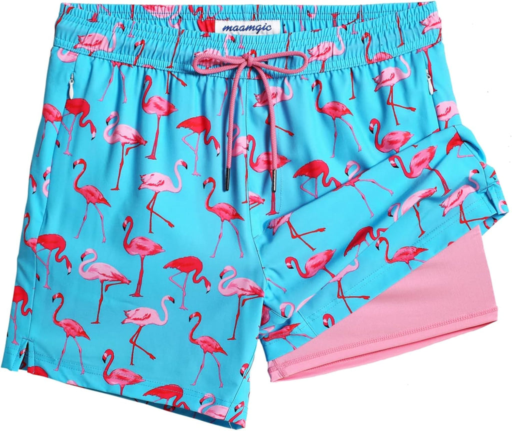 Men's Quick Dry Swim Trunks - 5 Inch Inseam with Built-In Compression Liner for Beach and Pool Days - Blue-swimming Duck