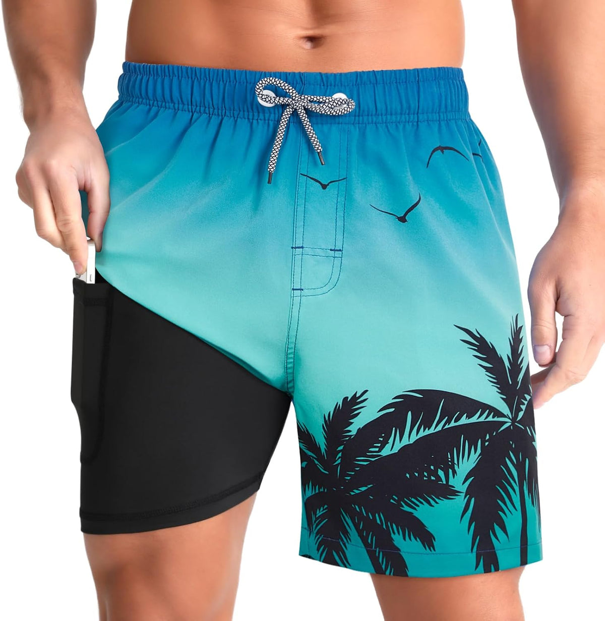 Men's Swim Trunks with Compression Liner - Zip Pockets, Elastic Waist and Quick Dry Fabric for Vacations - Medium