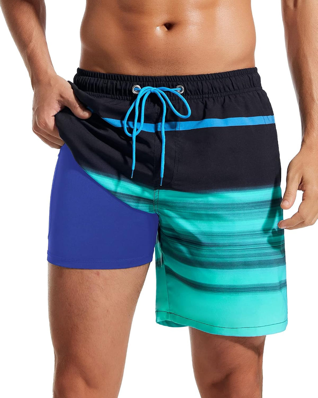 Men's 7 Inch Swim Trunks - 2 in 1 Compression Liner, Adjustable Waist and Side Zipper Pockets for Water Sports - Large