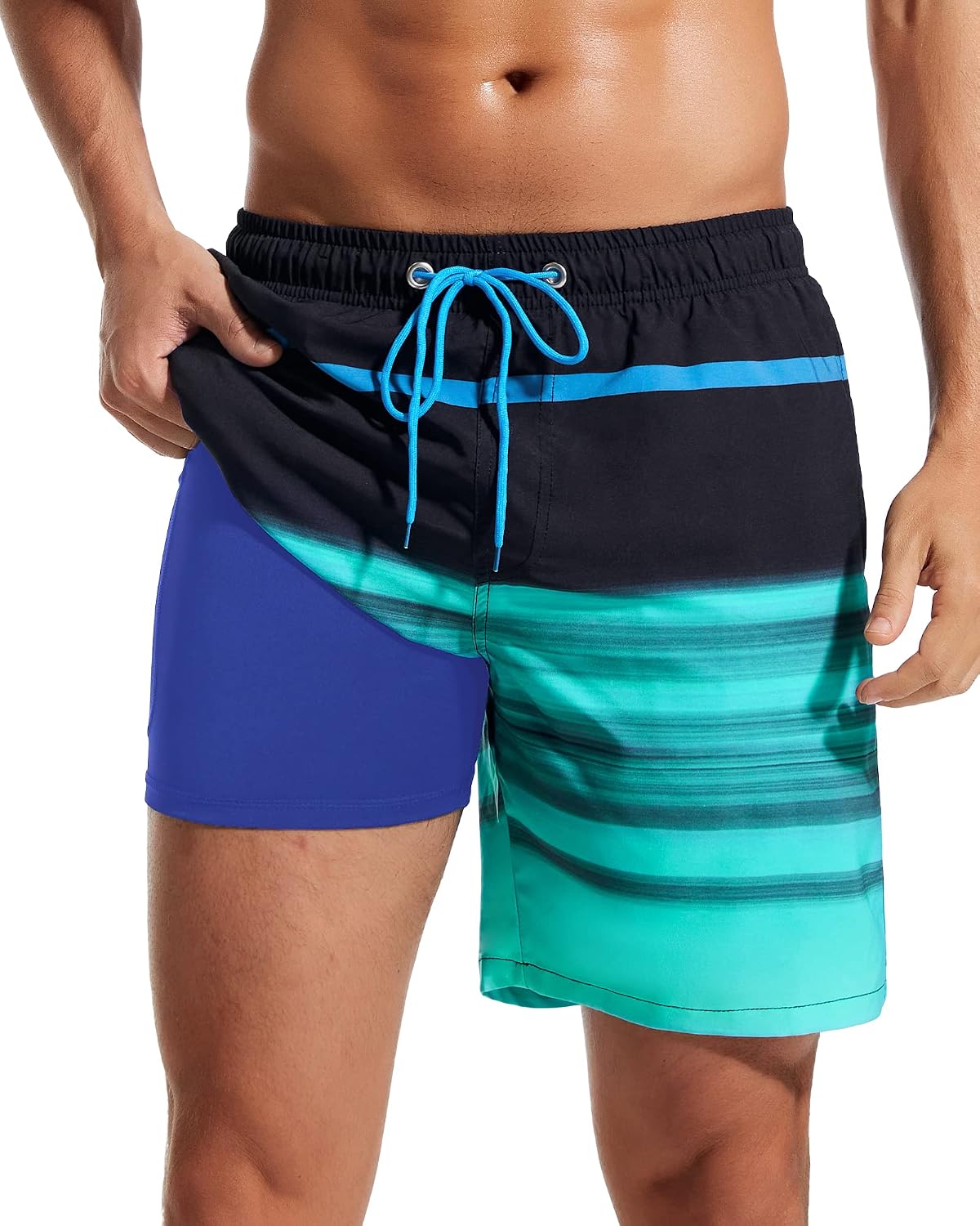 Men's 7 Inch Swim Trunks - 2 in 1 Compression Liner, Adjustable Waist and Side Zipper Pockets for Water Sports - Large