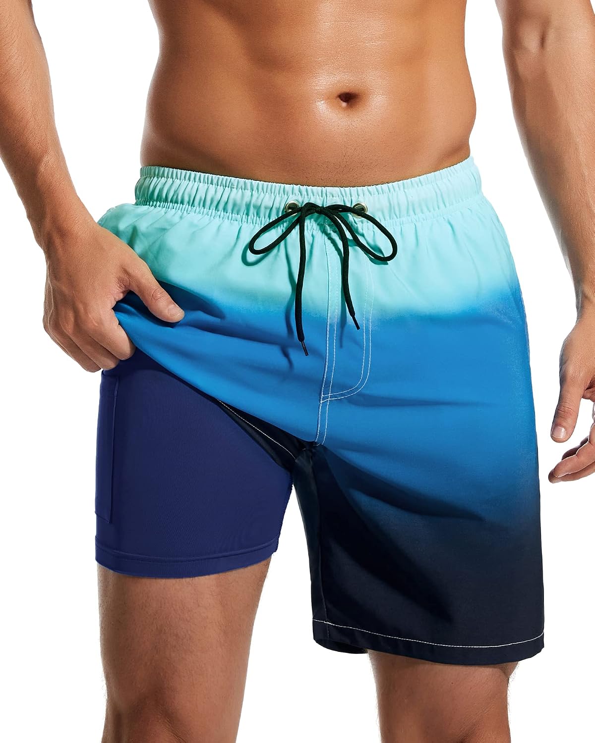 Men's 7 Inch Swim Trunks - 2 in 1 Compression Liner, Adjustable Waist and Side Zipper Pockets for Water Sports - Small