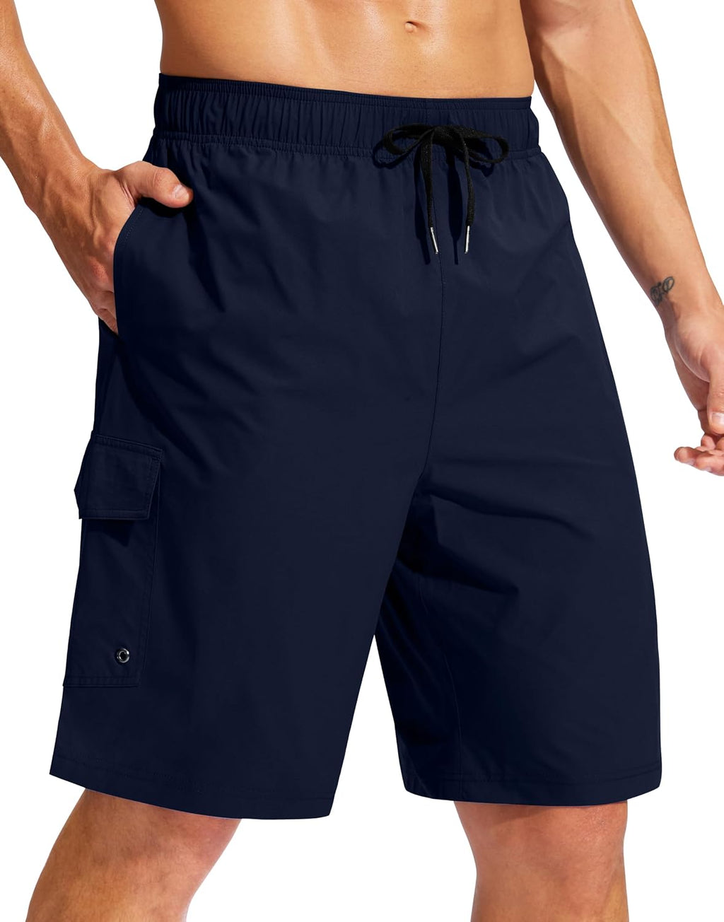 Men's 9 Inch Swim Trunks Without Liner - Knee Length Board Shorts with Three Pockets and Drawstring Waist - Small