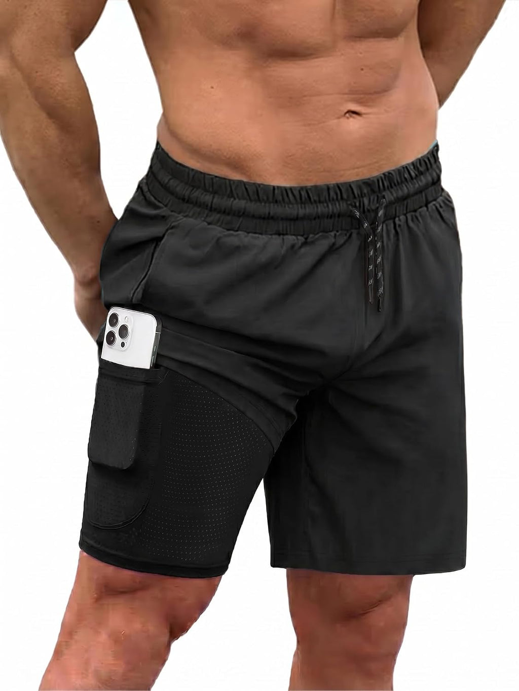 Men's 2 in 1 Swim Trunks - Quick Dry Board Shorts with Compression Liner and Printed Designs for the Beach - White (10)