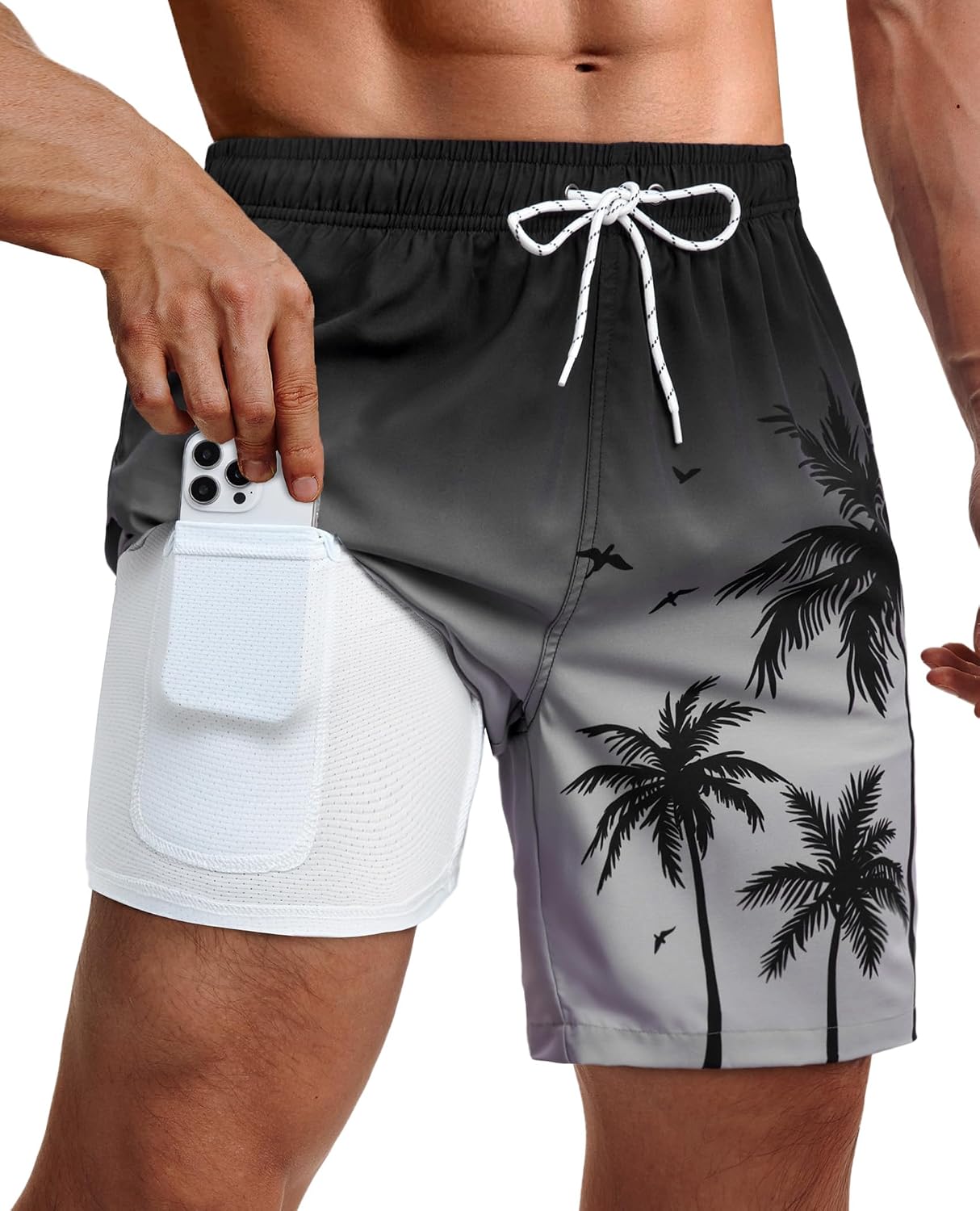 Men's 9 Inch Swim Trunks - UPF 40+ Board Shorts with Compression Liner, Velcro Pocket and Drain Holes - Small