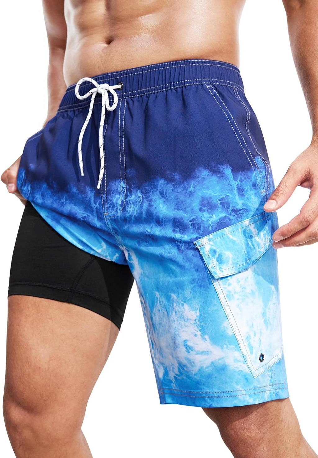Men's Cargo Swim Trunks - 9 Inch Board Shorts with Compression Liner and Deep Side Pockets for Water Parks - Small