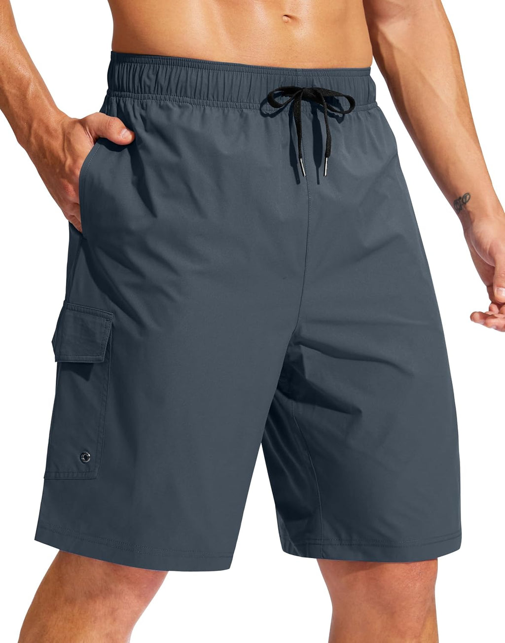 Men's 9 Inch Swim Trunks Without Liner - Knee Length Board Shorts with Three Pockets and Drawstring Waist - Small