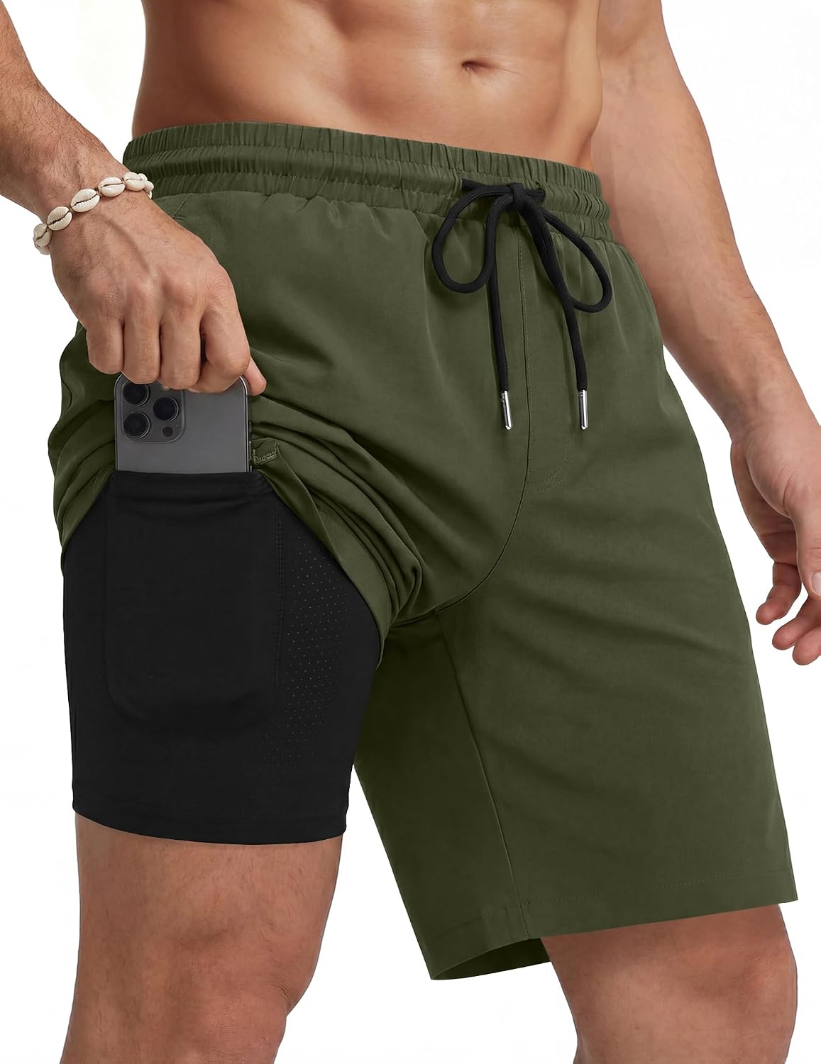 Men's 7 Inch Swim Trunks - Quick Dry Bathing Suit with Compression Liner and Zipper Pockets for Beach Trips - Large