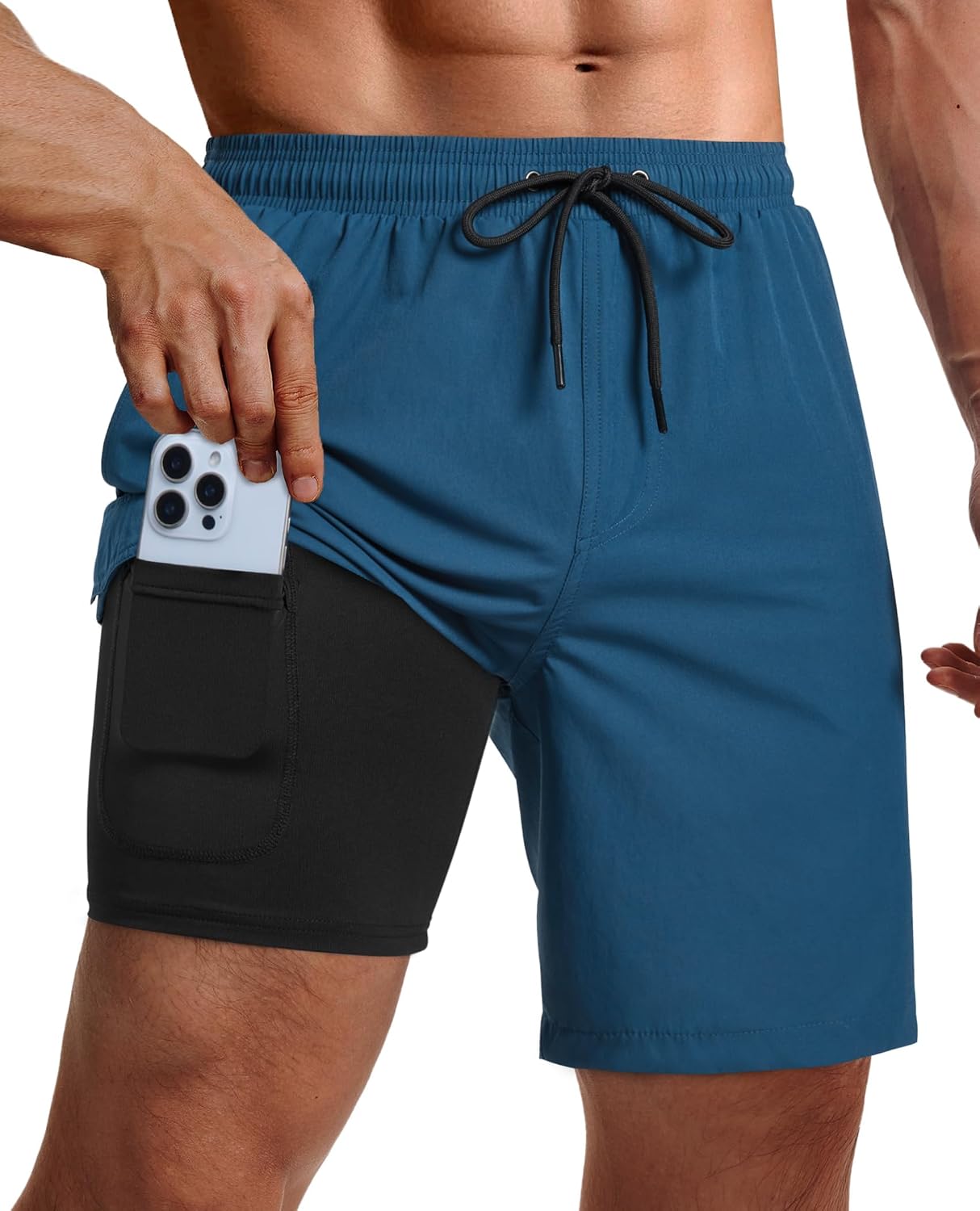 Men's 9 Inch Swim Trunks - UPF 40+ Board Shorts with Compression Liner, Velcro Pocket and Drain Holes - Large