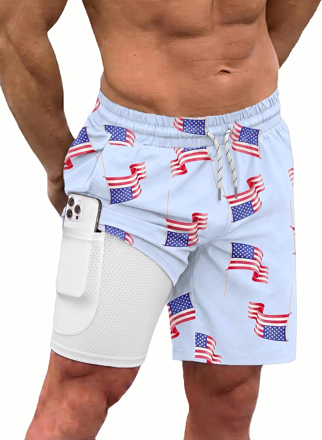 Men's 2 in 1 Swim Trunks - Quick Dry Board Shorts with Compression Liner and Printed Designs for the Beach - Plam Leaf