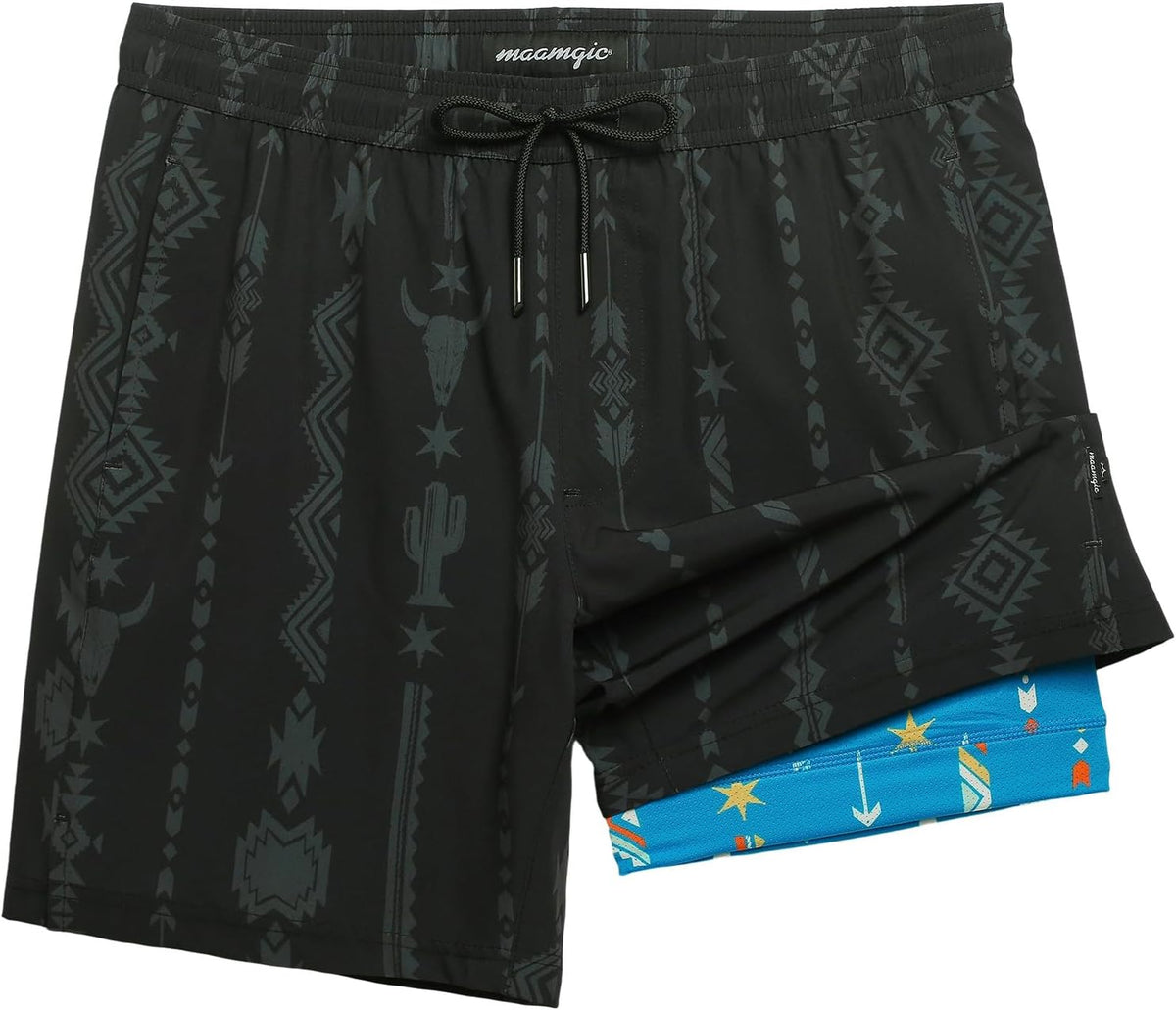Men's 7 Inch Swim Trunks - Printed Quick Dry Bathing Suit with Compression Liner for Beach and Poolside - Medium