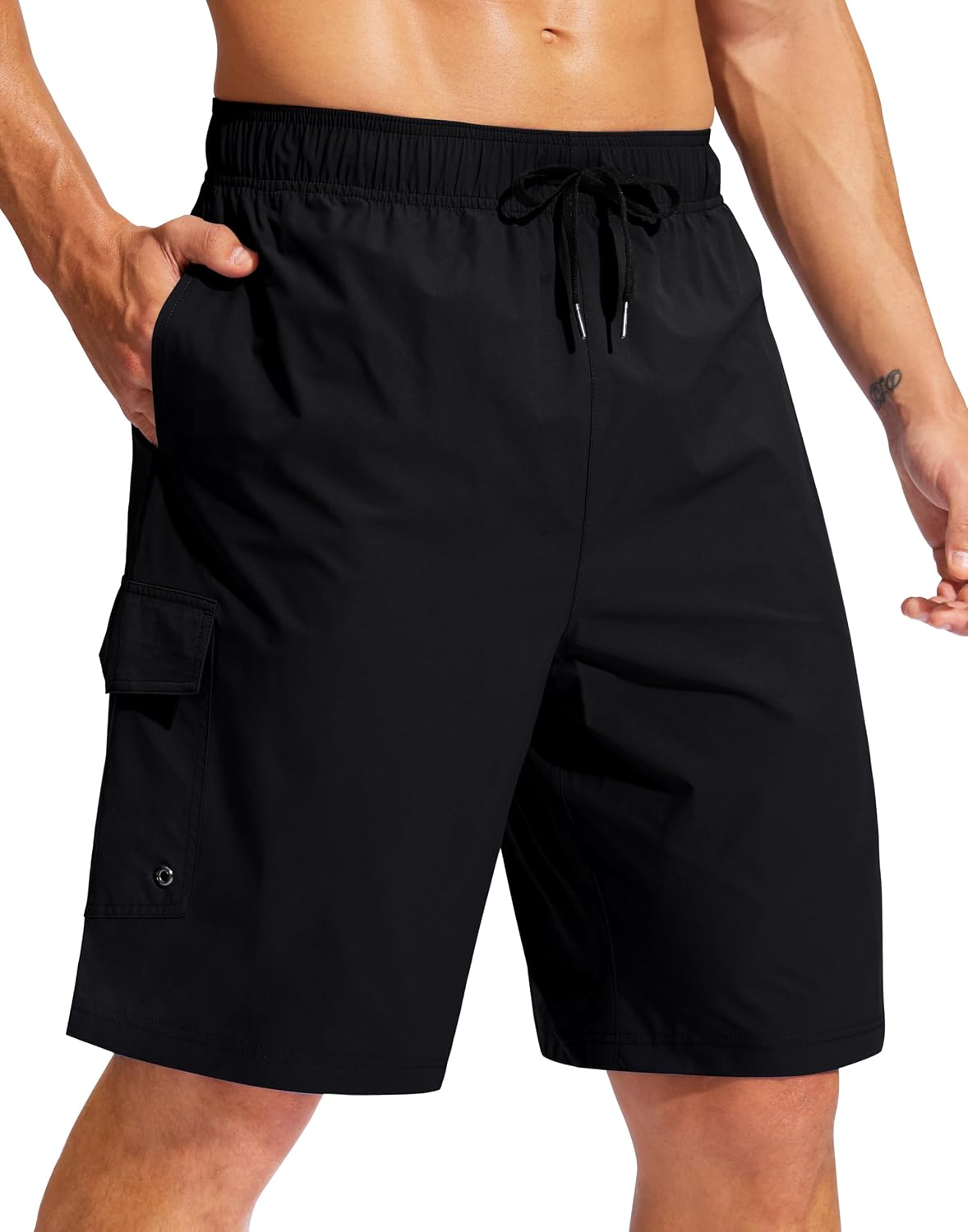 Men's 9 Inch Swim Trunks Without Liner - Knee Length Board Shorts with Three Pockets and Drawstring Waist - Small