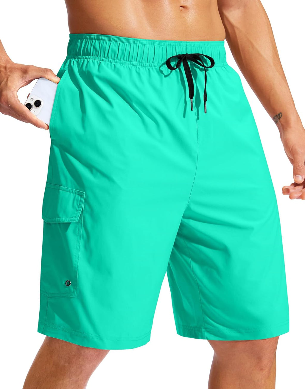 Men's 9 Inch Swim Trunks Without Liner - Knee Length Board Shorts with Three Pockets and Drawstring Waist - Medium