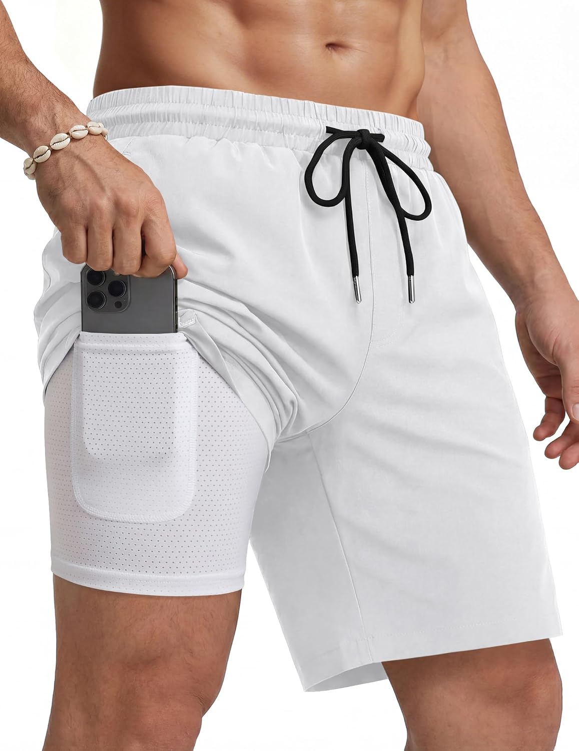 Men's 7 Inch Swim Trunks - Quick Dry Bathing Suit with Compression Liner and Zipper Pockets for Beach Trips - Large