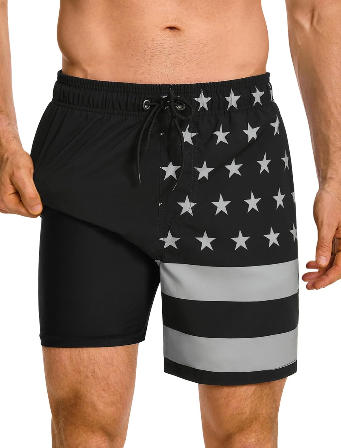 Men's 7 Inch Swim Trunks - 2 in 1 Compression Liner, Adjustable Waist and Side Zipper Pockets for Water Sports - Large