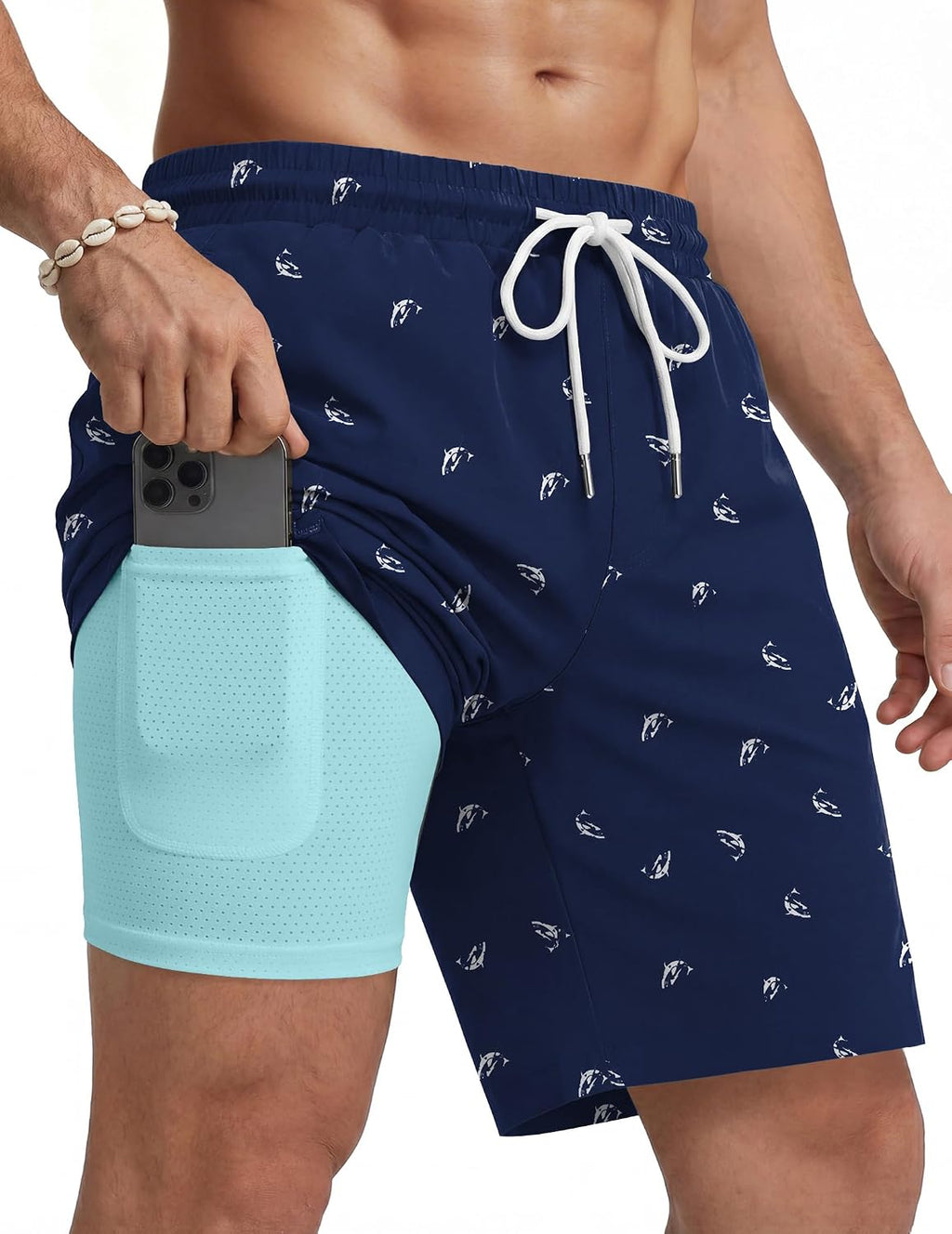 Men's 7 Inch Swim Trunks - Quick Dry Bathing Suit with Compression Liner and Zipper Pockets for Beach Trips - Medium