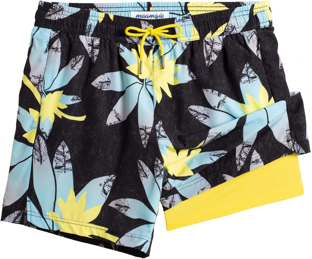 Men's Quick Dry Swim Trunks - 5 Inch Inseam with Built-In Compression Liner for Beach and Pool Days - Black-colorful Din