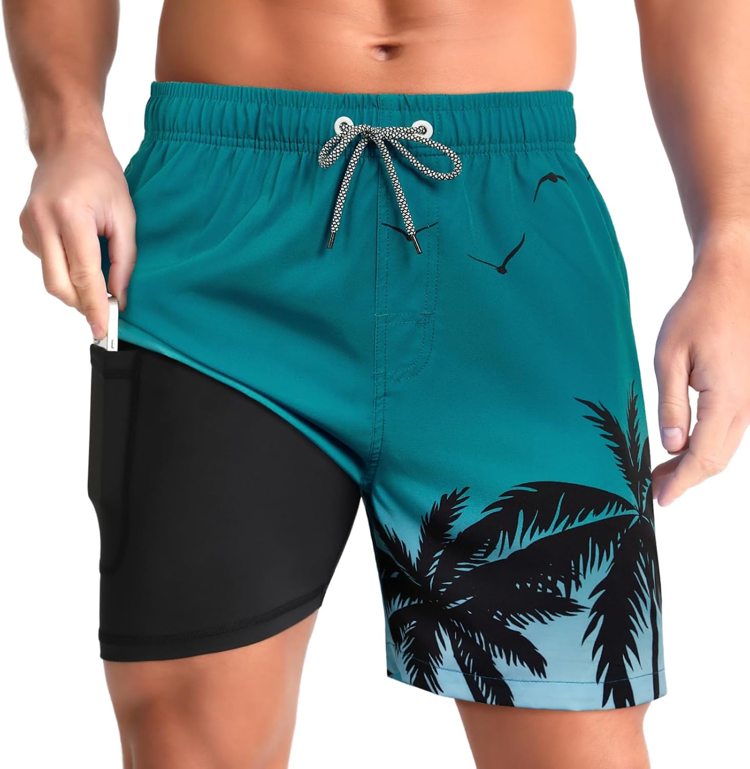 Men's Swim Trunks with Compression Liner - Zip Pockets, Elastic Waist and Quick Dry Fabric for Vacations - Small