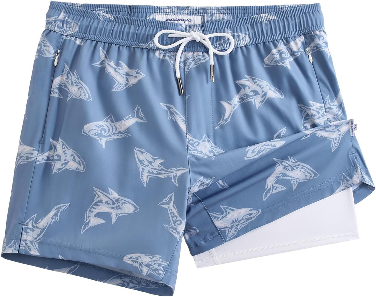 Men's Quick Dry Swim Trunks - 5 Inch Inseam with Built-In Compression Liner for Beach and Pool Days - Blue-swimming Duck