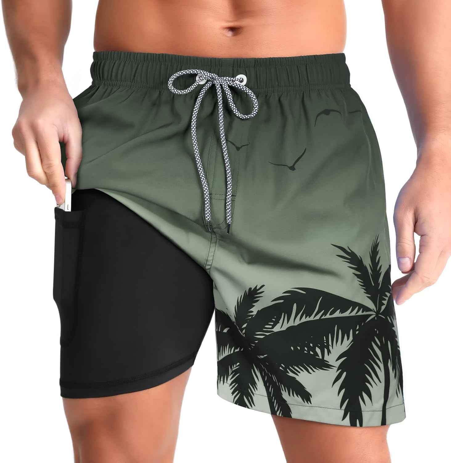 Men's Swim Trunks with Compression Liner - Zip Pockets, Elastic Waist and Quick Dry Fabric for Vacations - Medium