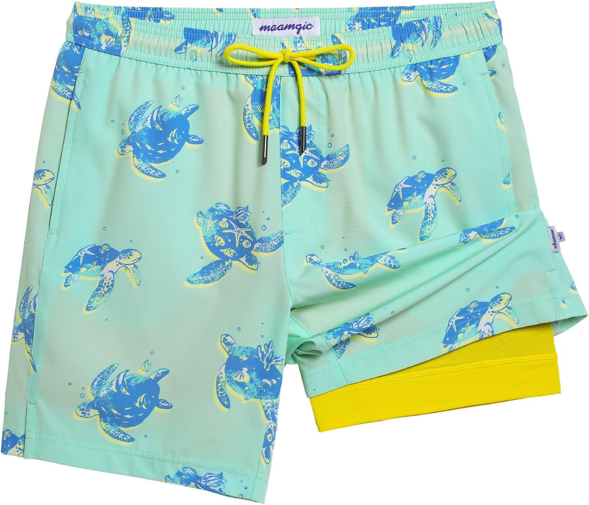 Men's 7 Inch Swim Trunks - Printed Quick Dry Bathing Suit with Compression Liner for Beach and Poolside - Small
