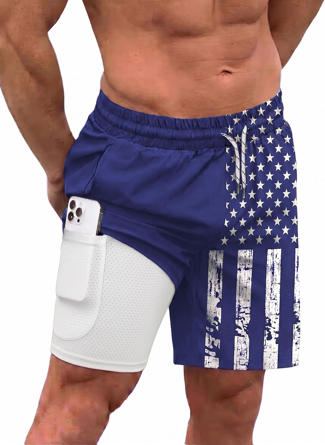 Men's 2 in 1 Swim Trunks - Quick Dry Board Shorts with Compression Liner and Printed Designs for the Beach - White