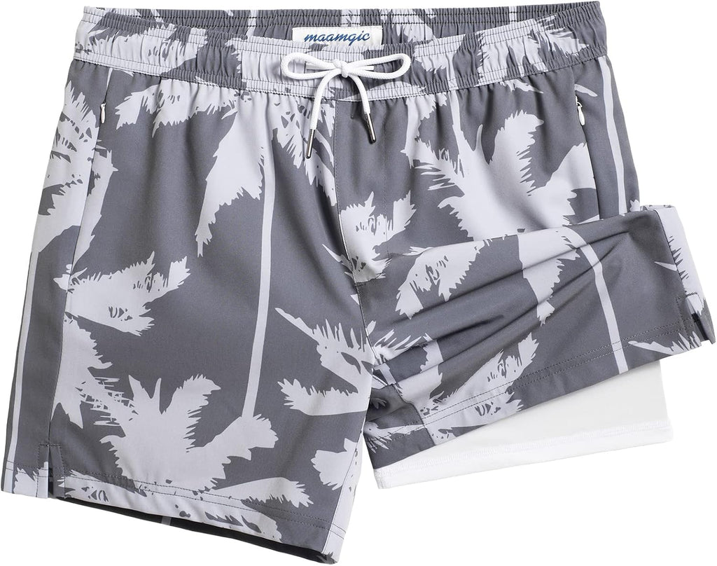 Men's Quick Dry Swim Trunks - 5 Inch Inseam with Built-In Compression Liner for Beach and Pool Days - Blue-swimming Duck