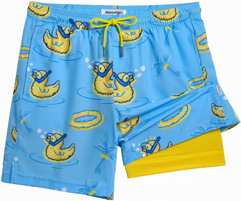 Men's 7 Inch Swim Trunks - Printed Quick Dry Bathing Suit with Compression Liner for Beach and Poolside - Medium
