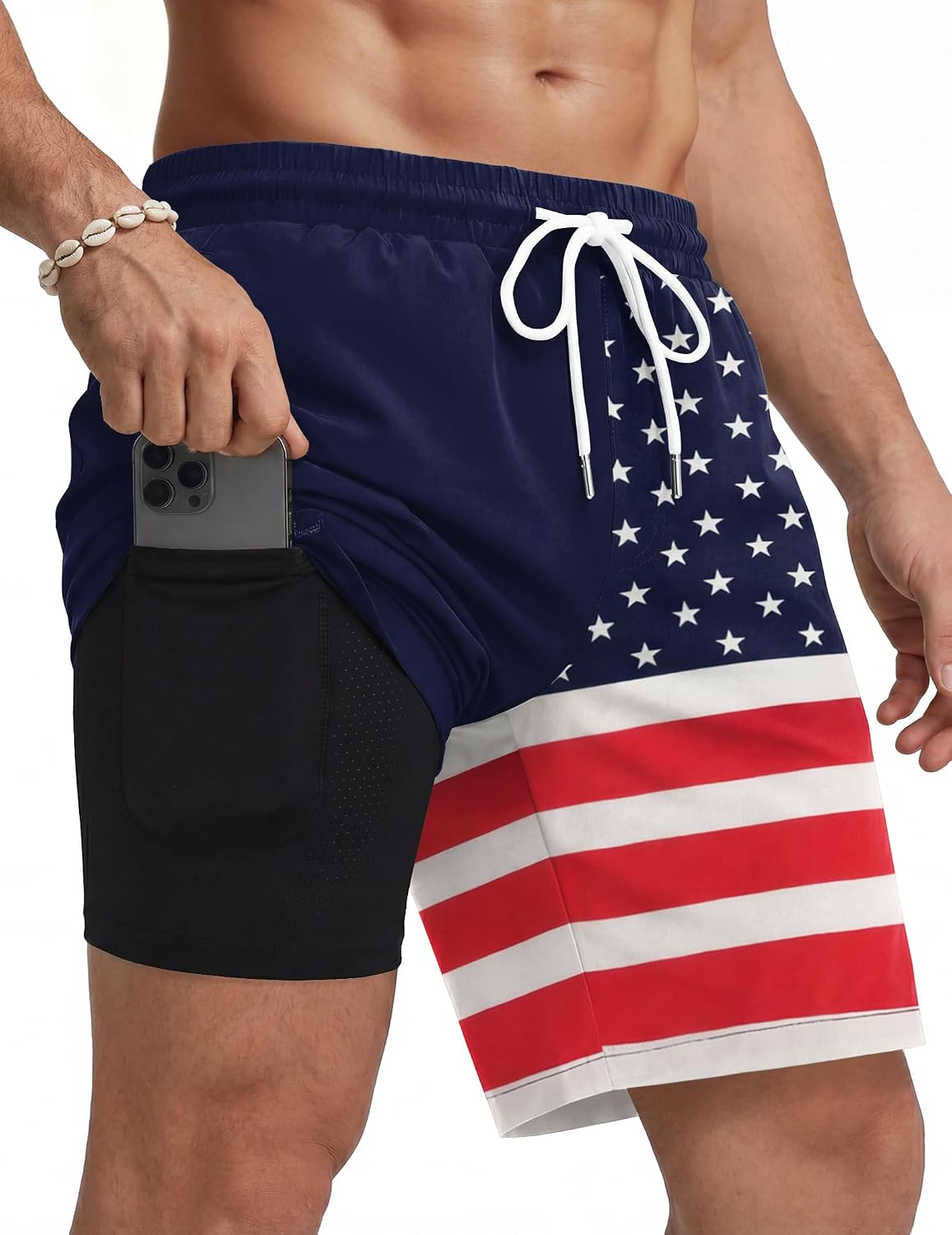 Men's 7 Inch Swim Trunks - Quick Dry Bathing Suit with Compression Liner and Zipper Pockets for Beach Trips - Medium