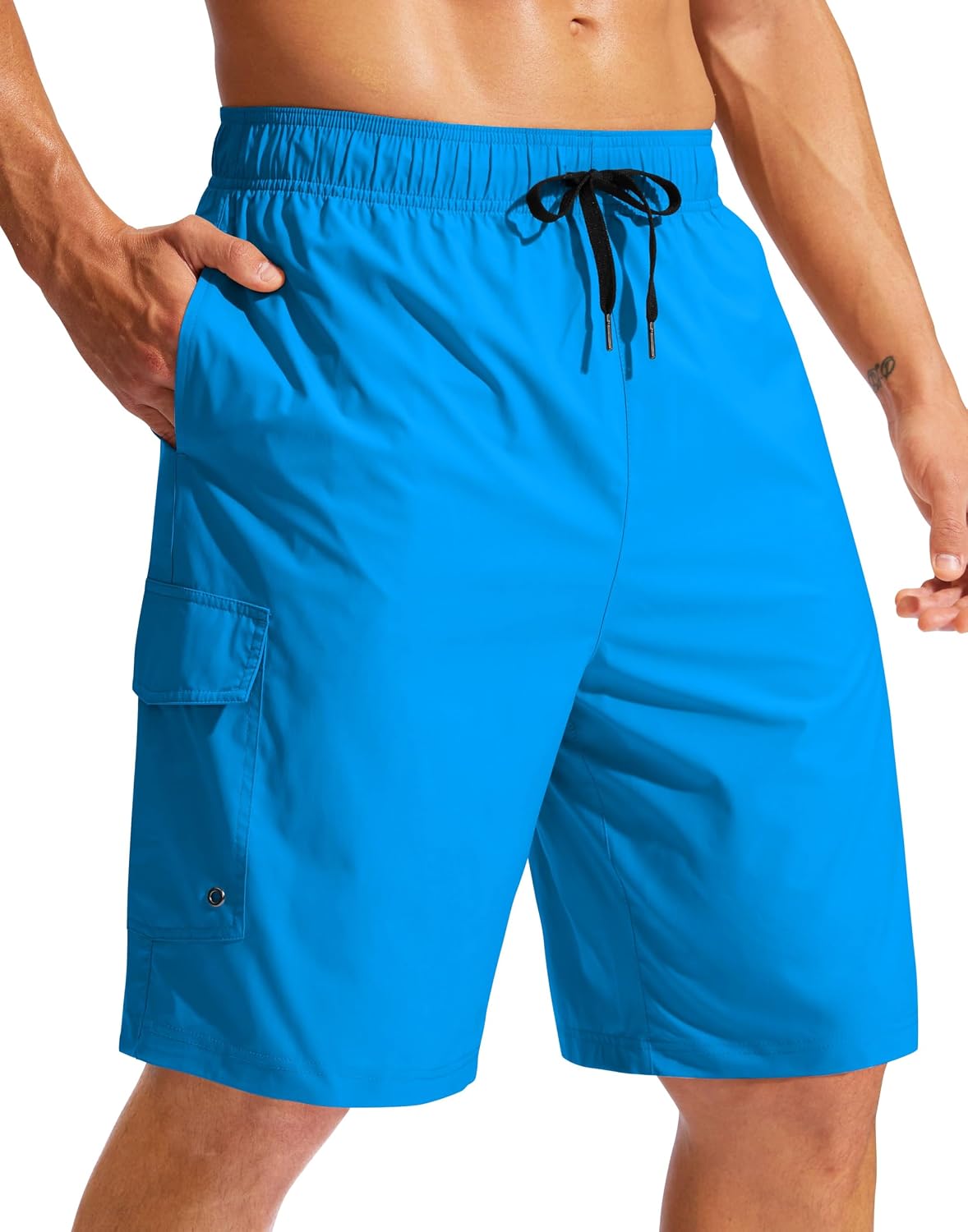 Men's 9 Inch Swim Trunks Without Liner - Knee Length Board Shorts with Three Pockets and Drawstring Waist - Medium