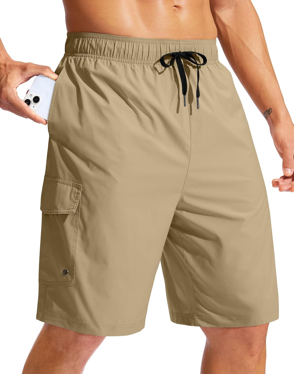 Men's 9 Inch Swim Trunks Without Liner - Knee Length Board Shorts with Three Pockets and Drawstring Waist - Medium