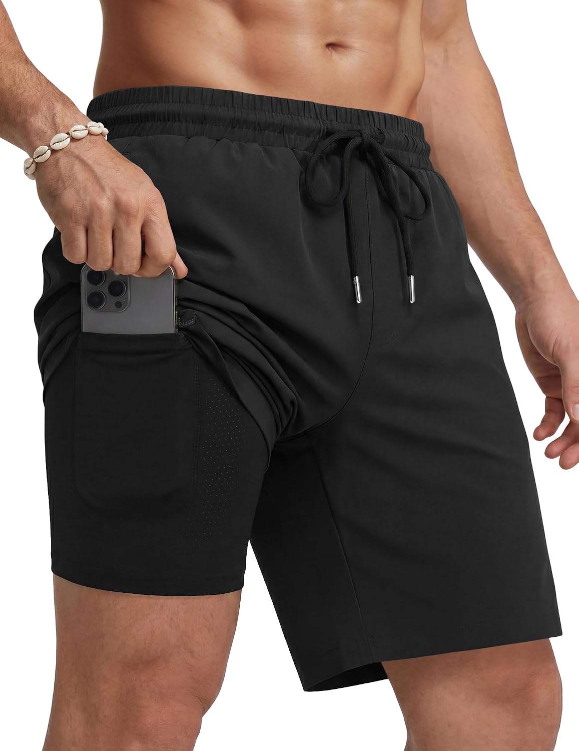 Men's 7 Inch Swim Trunks - Quick Dry Bathing Suit with Compression Liner and Zipper Pockets for Beach Trips - Small