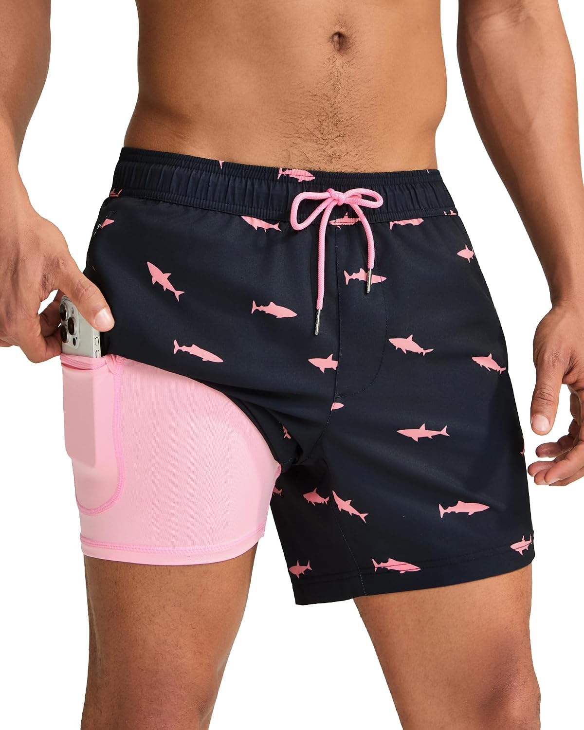 Men's Quick Dry Swim Trunks - 5 Inch Inseam with Built-In Compression Liner for Beach and Pool Days - Banana