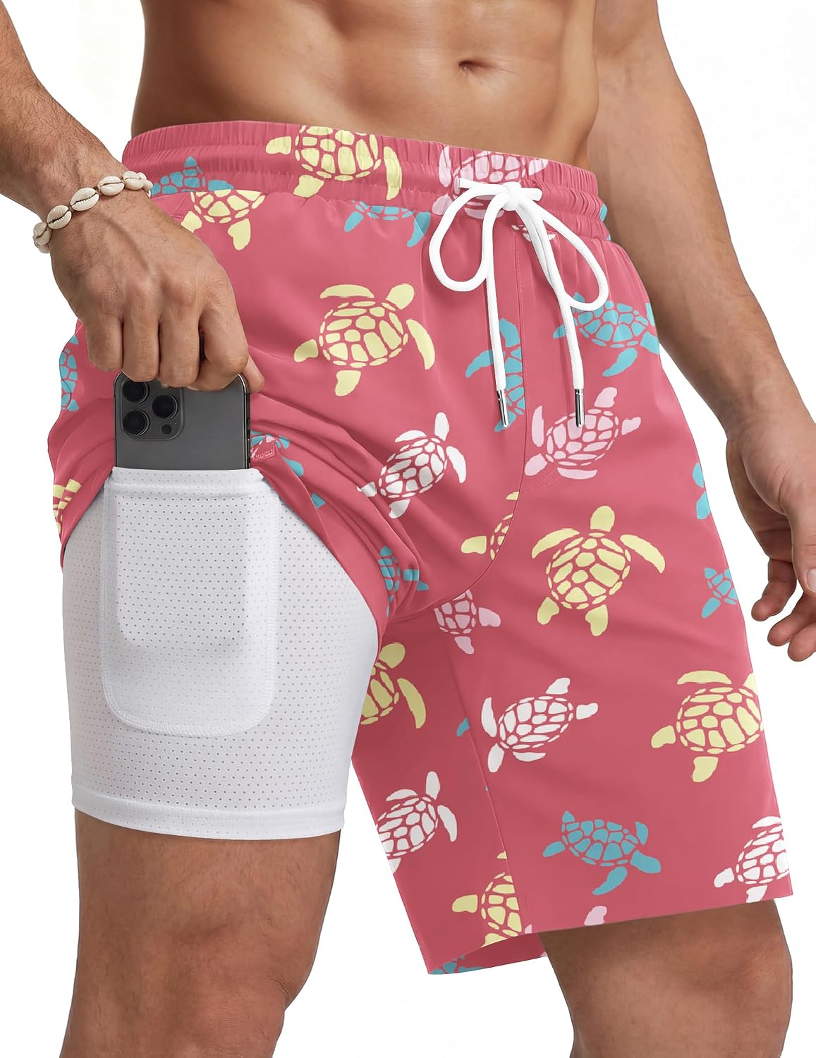 Men's 7 Inch Swim Trunks - Quick Dry Bathing Suit with Compression Liner and Zipper Pockets for Beach Trips - Small
