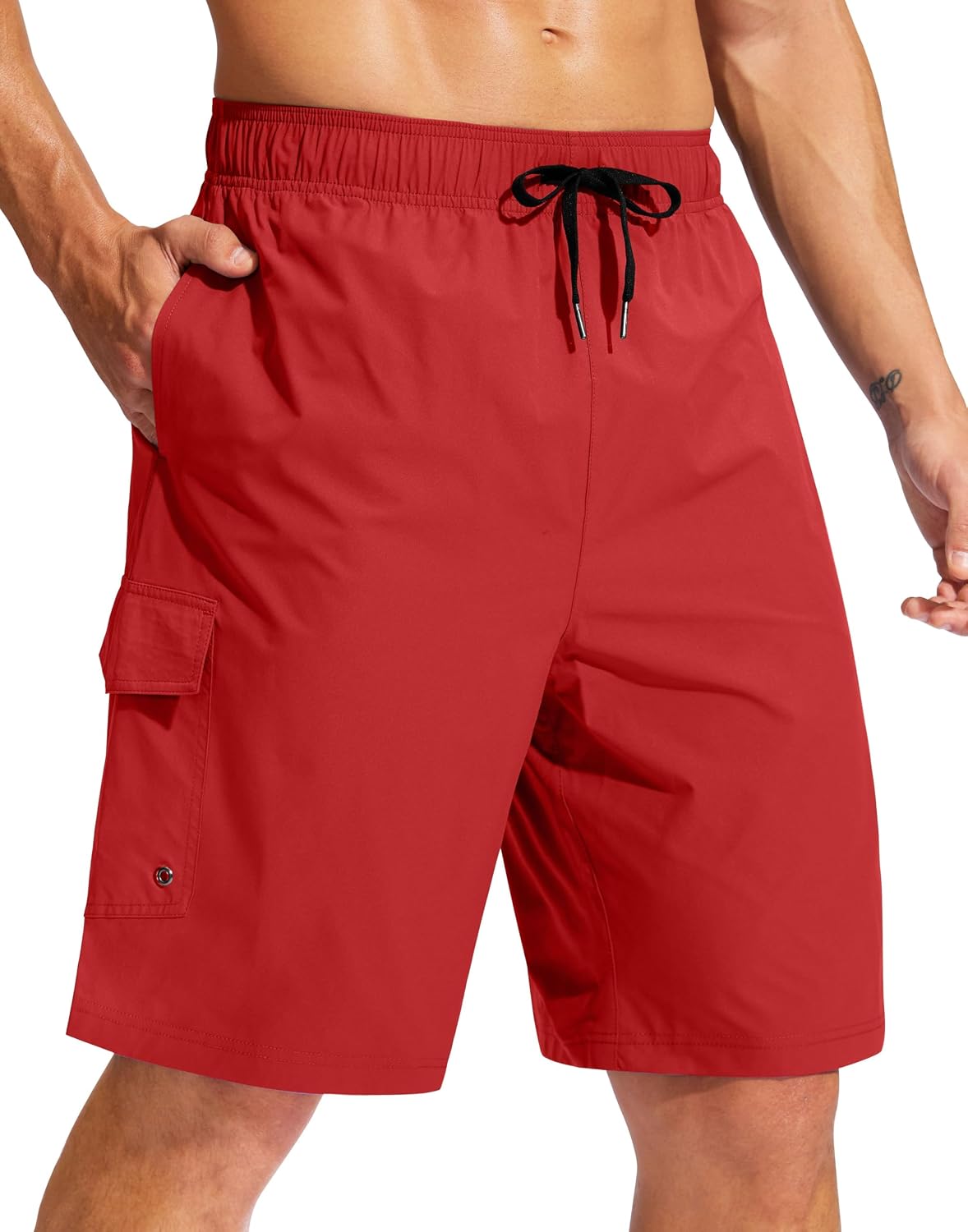 Men's 9 Inch Swim Trunks Without Liner - Knee Length Board Shorts with Three Pockets and Drawstring Waist - Large