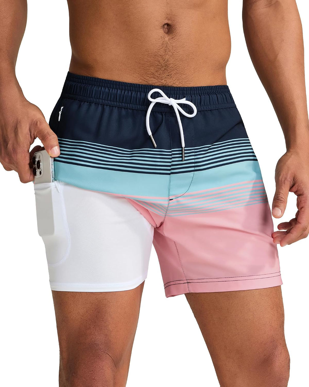 Men's Quick Dry Swim Trunks - 5 Inch Inseam with Built-In Compression Liner for Beach and Pool Days - Blue-pink Flamingo