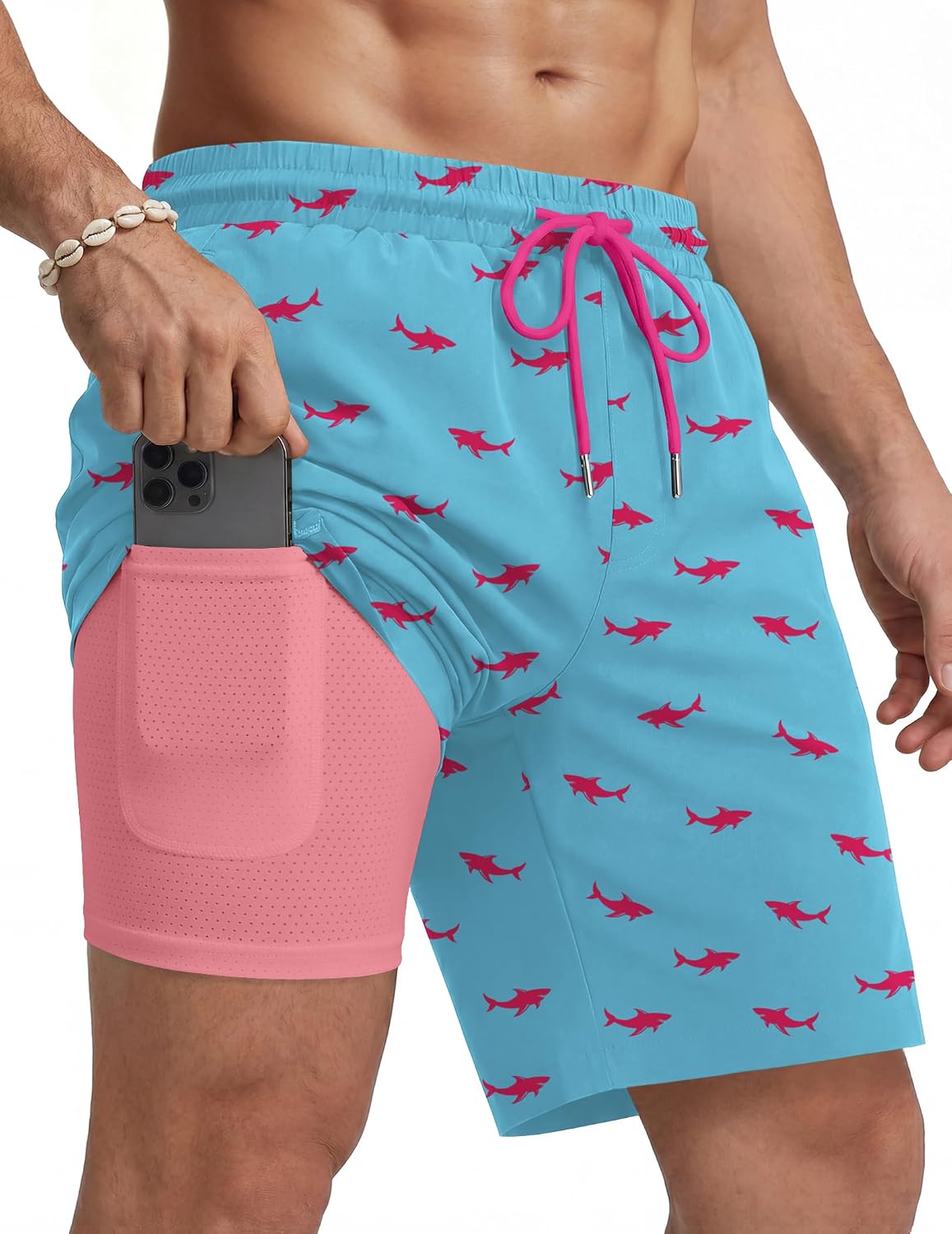 Men's 7 Inch Swim Trunks - Quick Dry Bathing Suit with Compression Liner and Zipper Pockets for Beach Trips - Small